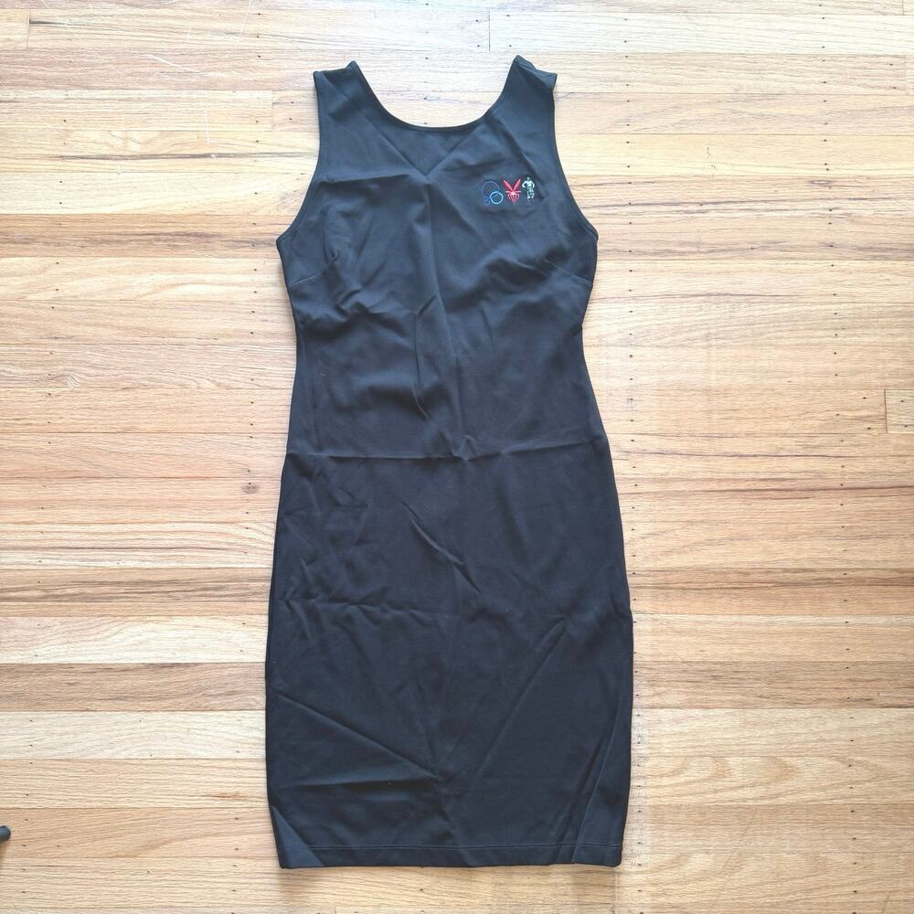 Lulus Black Bodycon Scoop Back Sleeveless Dress Size M Patchwork Logo LBD